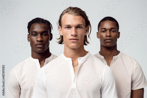 Three men in white shirts are standing next to each other