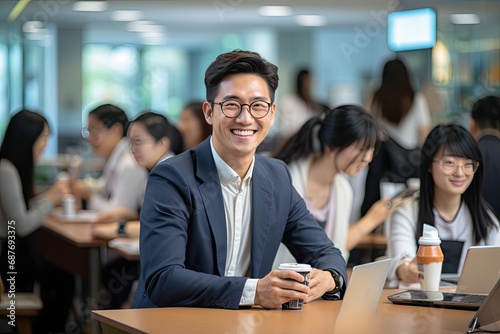 Ofiice with smiling confident asian businessman