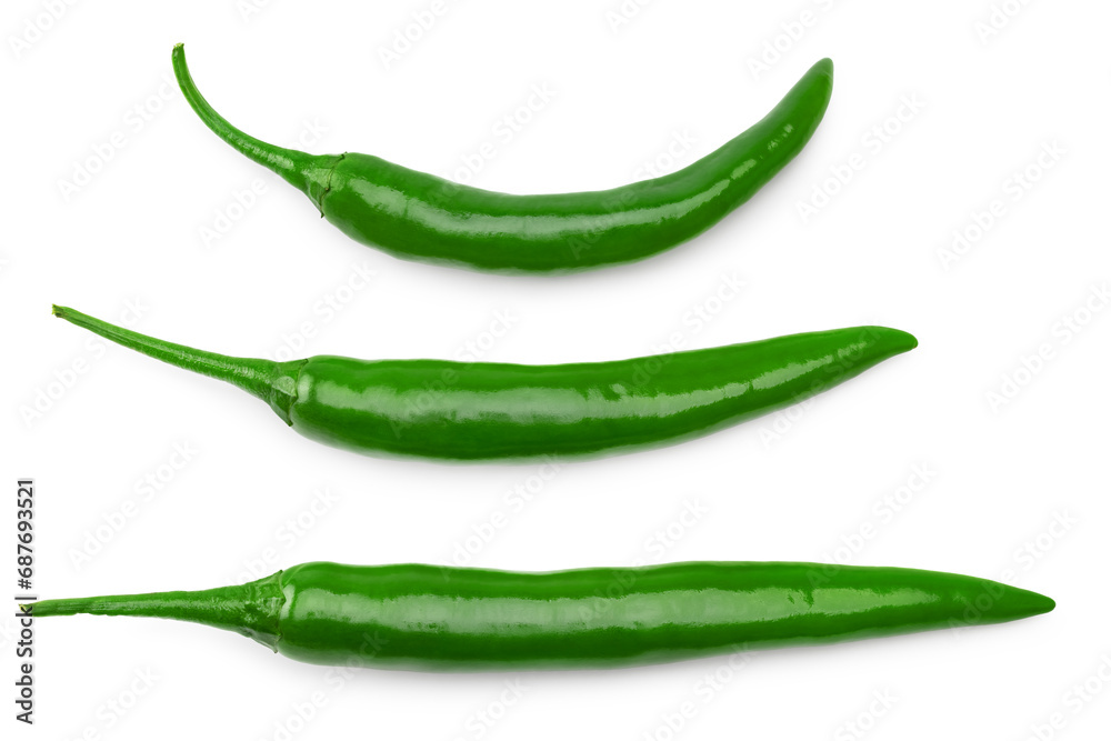 three green hot chili peppers isolated on white background. clipping path. top view three green hot chili peppers isolated on white background. clipping path. top view