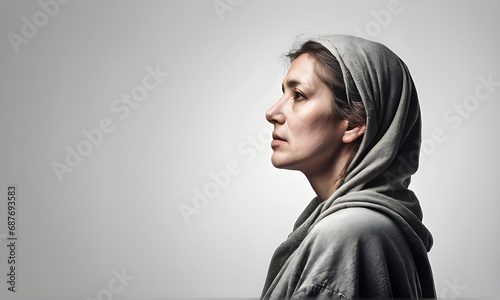 portrait of a Israel poor sad woman isolated on solid background side view. Israel plastine war. AI generated