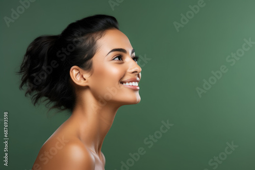 A woman with her hair in a ponytail is smiling
