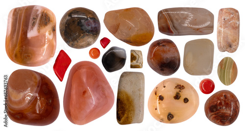 Set  PNG of various red, yellow and orange stones jasper, morganite, amber and others isolated on transparent background photo