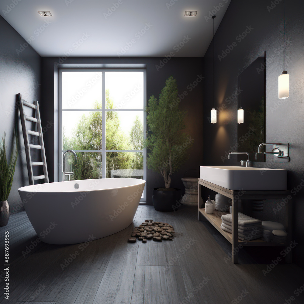 A real realistic looking bathroom with modern furniture. A bathroom with a large tub and a ladder A real realistic looking bathroom with modern furniture. A bathroom with a large tub and a ladder