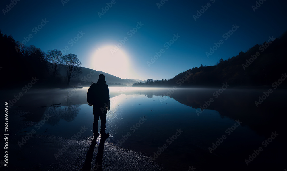 A serene ethereal photograph of a lone backpacker. A person standing on the shore of a lake at night