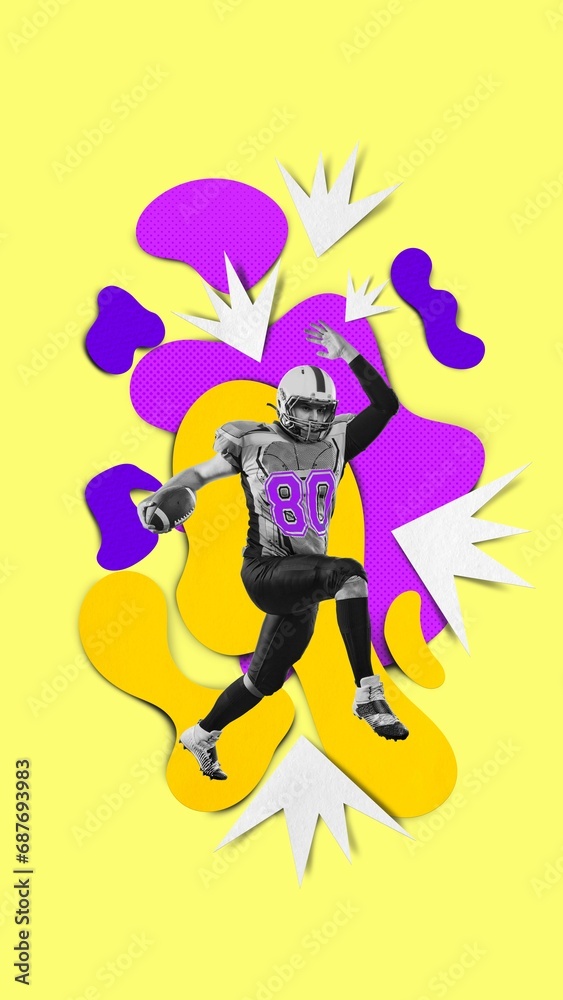 Young man, American football player in motion, running with ball during game over colorful background. Contemporary art collage. Professional sport, competition, championship concept. Creative poster