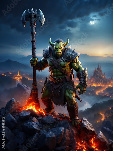 An orc leader on a mountain with a burned down town in the background.
