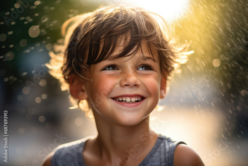 A young boy smiles while standing in the rain