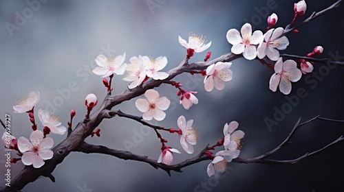 A tree branch with freshly bloomed cherry blossoms, representing the beauty of birth.