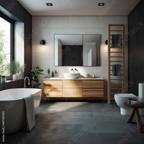 A real realistic looking bathroom with modern furniture. A bathroom with a large window and a white tub