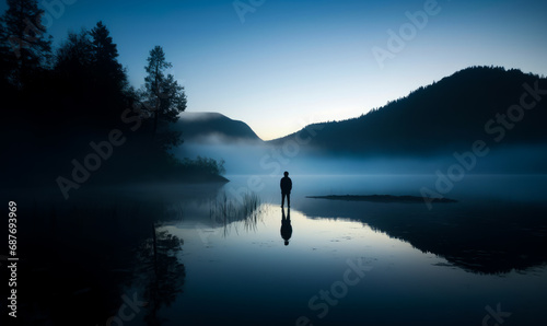 A serene ethereal photograph of a lone backpacker. A person standing in the middle of a lake
