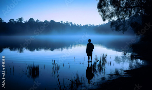 A serene ethereal photograph of a lone backpacker. A person standing in front of a body of water