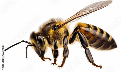 A stunning bee is flying isolated on transparent background. A close up of a bee on a white background
