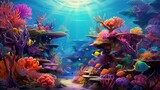 A vibrant coral reef teeming with exotic marine life and vibrant underwater colors.