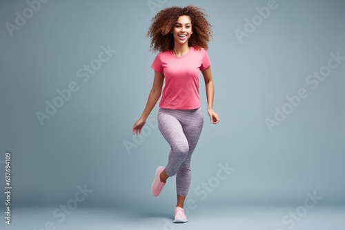 A woman in a pink shirt and gray pants is running