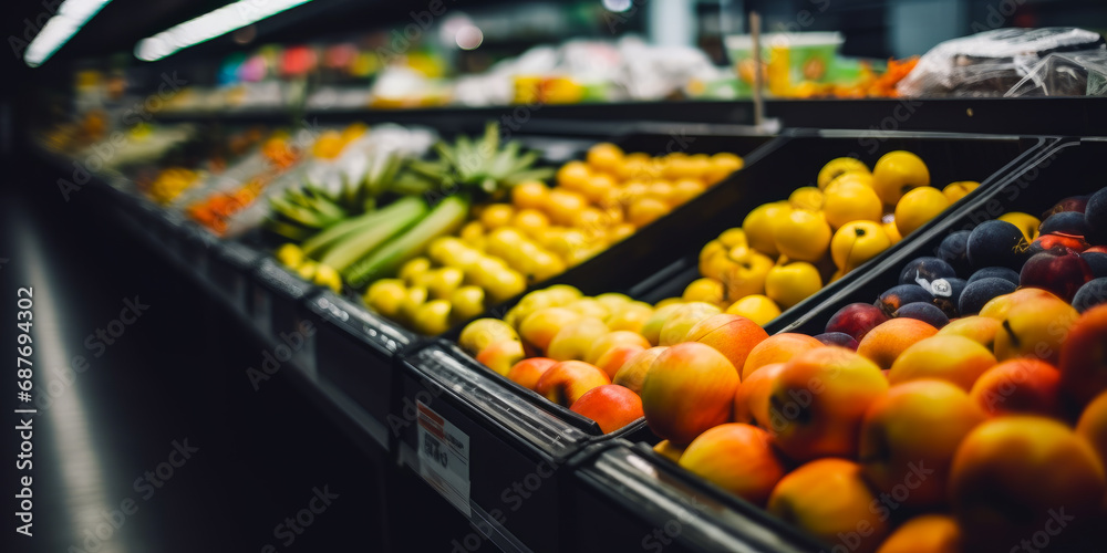 Candid photograph shopping for groceries fruits. A produce section of a grocery store filled with fruits and vegetables