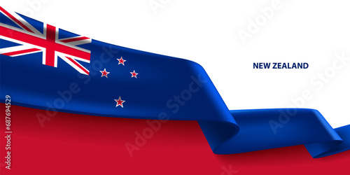 New Zealand 3D ribbon flag. Bent waving 3D flag in colors of the New Zealand national flag. National flag background design.