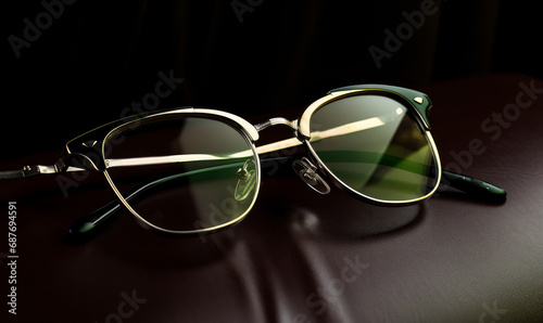 Design a fashionable and retro metal eyeglasses. A pair of sunglasses sitting on top of a table