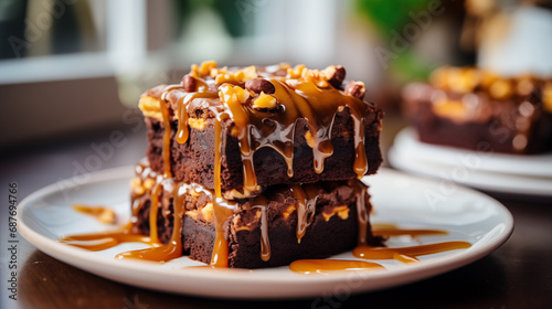 Chocolate brownie cake with caramel and nuts on a white plate. Delicious pastries photo