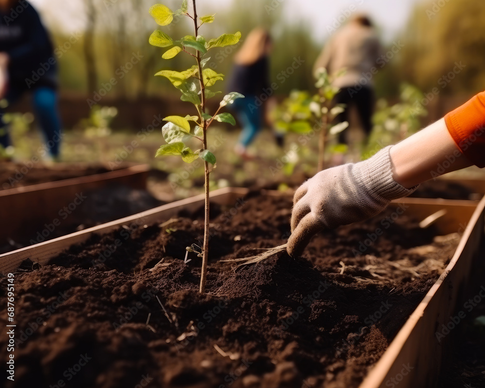 Fototapeta premium People planting trees or working in a community. A group of people working in a garden