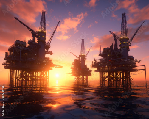 Oil rigs at sunset with transparent. A group of oil rigs sitting on top of a body of water