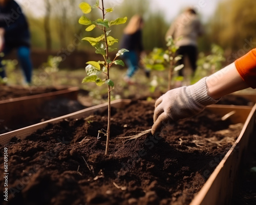 People planting trees or working in a community. A group of people working in a garden