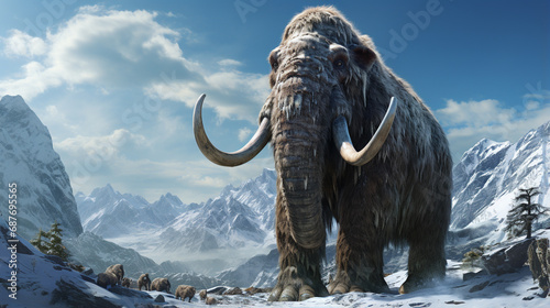 closeup mammoth trudges over snow covered hills. woolly mammoth, prehistoric ice age. generative ai photo