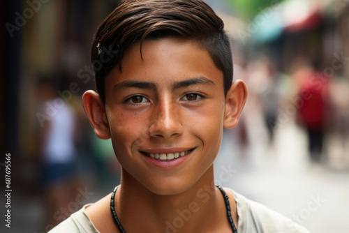 A young boy with a necklace around his neck smiles for the camera