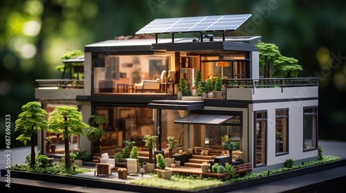 A suburban miniature house with a focus on energy efficiency and green technology.