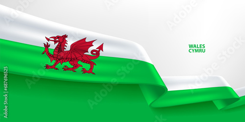 Wales 3D ribbon flag. Bent waving 3D flag in colors of the Wales national flag. National flag background design.