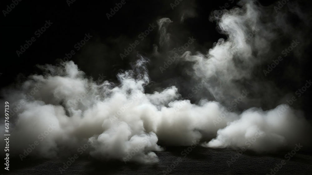 A black and white abstract background featuring swirling smoke and mist, creating a mysterious and captivating atmosphere