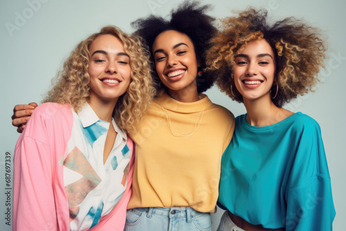 Three women with curly hair are posing for a picture