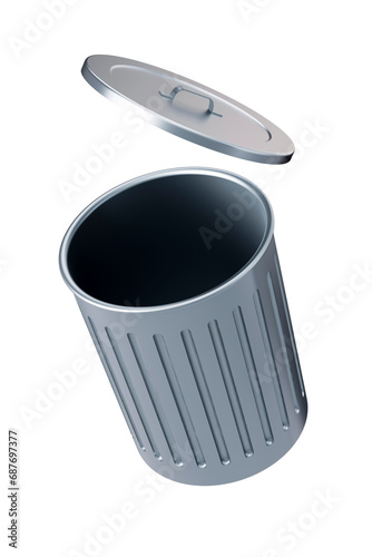 open large stainless steel trash can or container isolated on white background, waste, copy space. Sign or symbol. 3D render