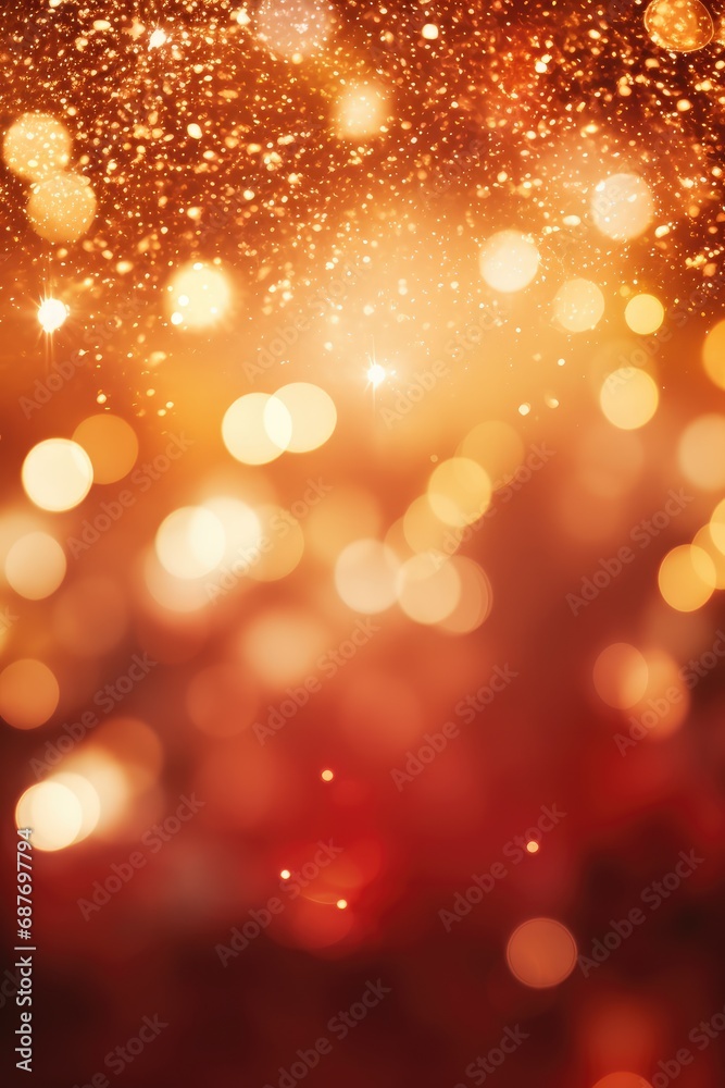 Red and golden sparkling glitter bokeh background. Holiday lights. Abstract defocused header. Wide screen wallpaper.