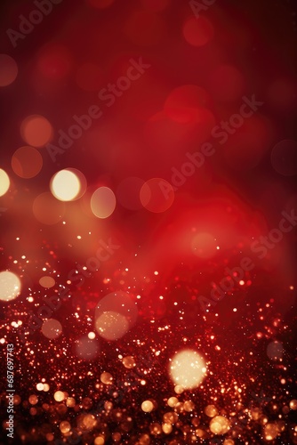 Red and golden sparkling glitter bokeh background. Holiday lights. Abstract defocused header. Wide screen wallpaper.