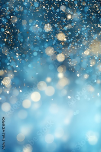 Glitter vintage lights background. blue, gold defocused. Christmas bokeh.