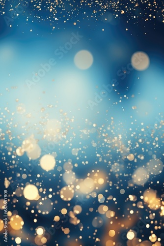 Glitter vintage lights background. blue, gold defocused. Christmas bokeh.
