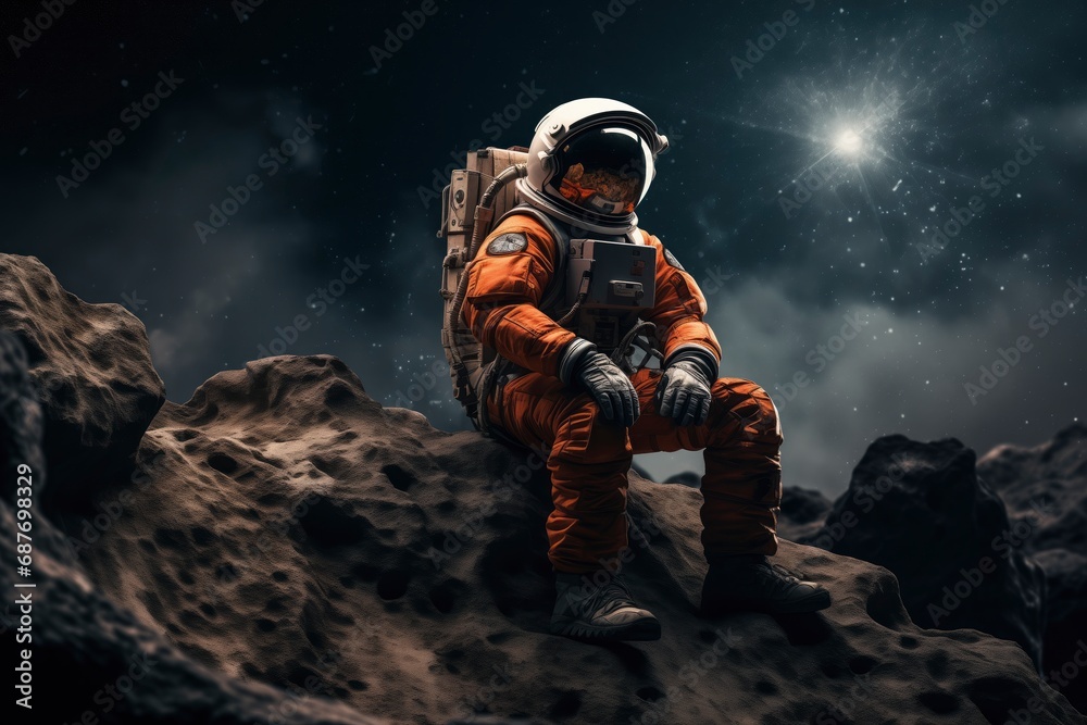 Astronaut is sitting on a rock in space