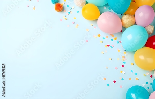 colorful assortment for birthday party celebration with empty copy space in center on light background soft light top view
