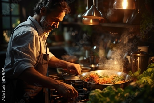 Male chef prepares a delicious, healthy dish