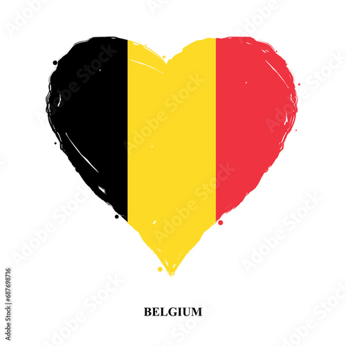 Vector Belgium flag in heart shape with grunge texture. Heart shaped Belgium flag isolated on white background. Beautiful design country flag for banner, poster, sticker, print. Vector illustration