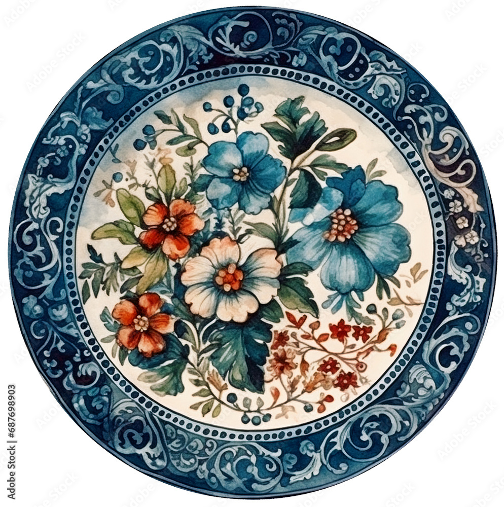 Watercolor illustration of a vintage plate . Ai generated. Transparent background, png.