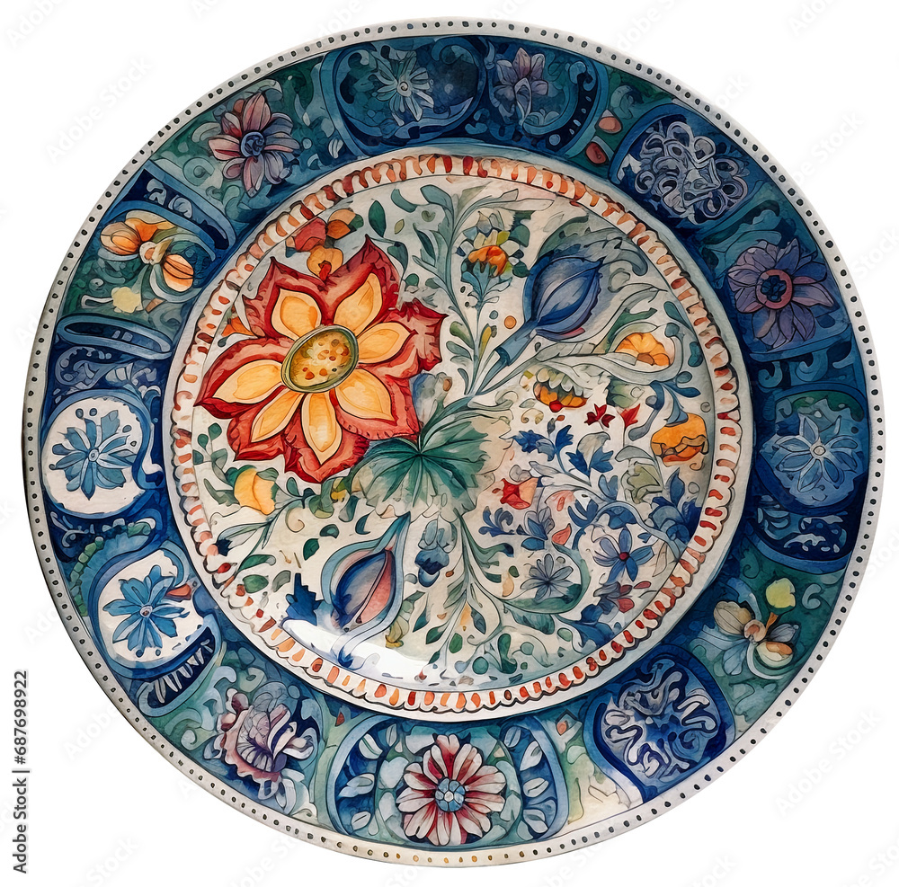 Watercolor illustration of a vintage plate . Ai generated. Transparent background, png.