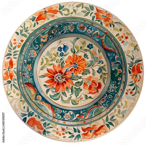 Watercolor illustration of a vintage plate . Ai generated. Transparent background, png.