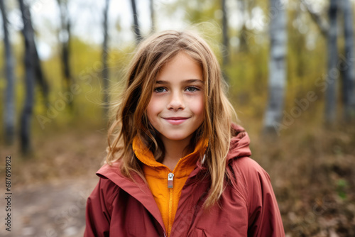A young girl wearing a red jacket and a yellow hoodie smiles for the camera