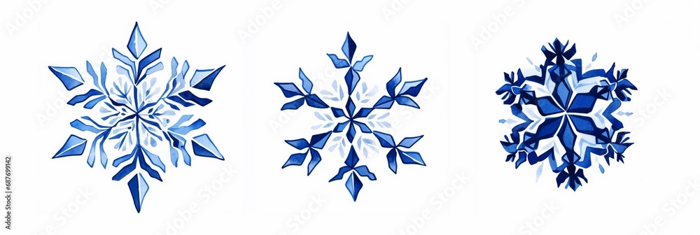 Set of three dark blue watercolor snowflakes illustration isolated on white background. Set of three dark blue watercolor snowflakes illustration isolated on white background.