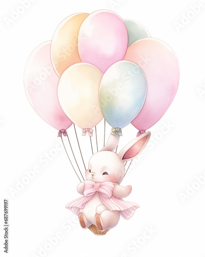 Adorable bunny on balloon, pastel colorful illustration for kids and greeting cards isolated on white background.