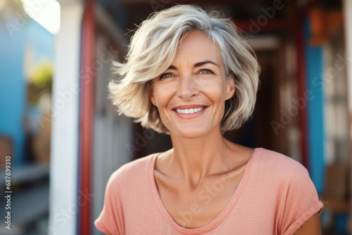 A woman with gray hair is smiling and wearing a pink shirt
