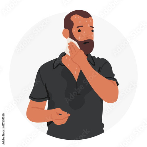 Man Grimaces In Distress, With Beads Of Sweat Forming On His Forehead and Neck, Exhibiting Classic Symptoms