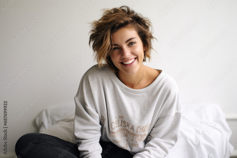 A woman wearing a sweatshirt that says clissa chua sits on a bed A woman wearing a sweatshirt that says clissa chua sits on a bed