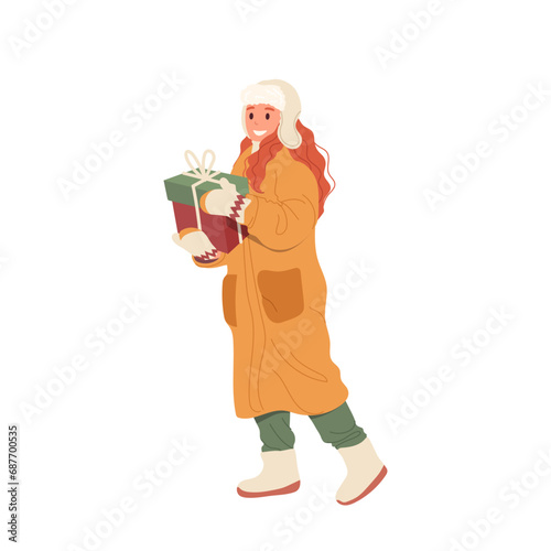 Young excited woman happy cartoon character walking with festive Christmas or Valentine day gift box